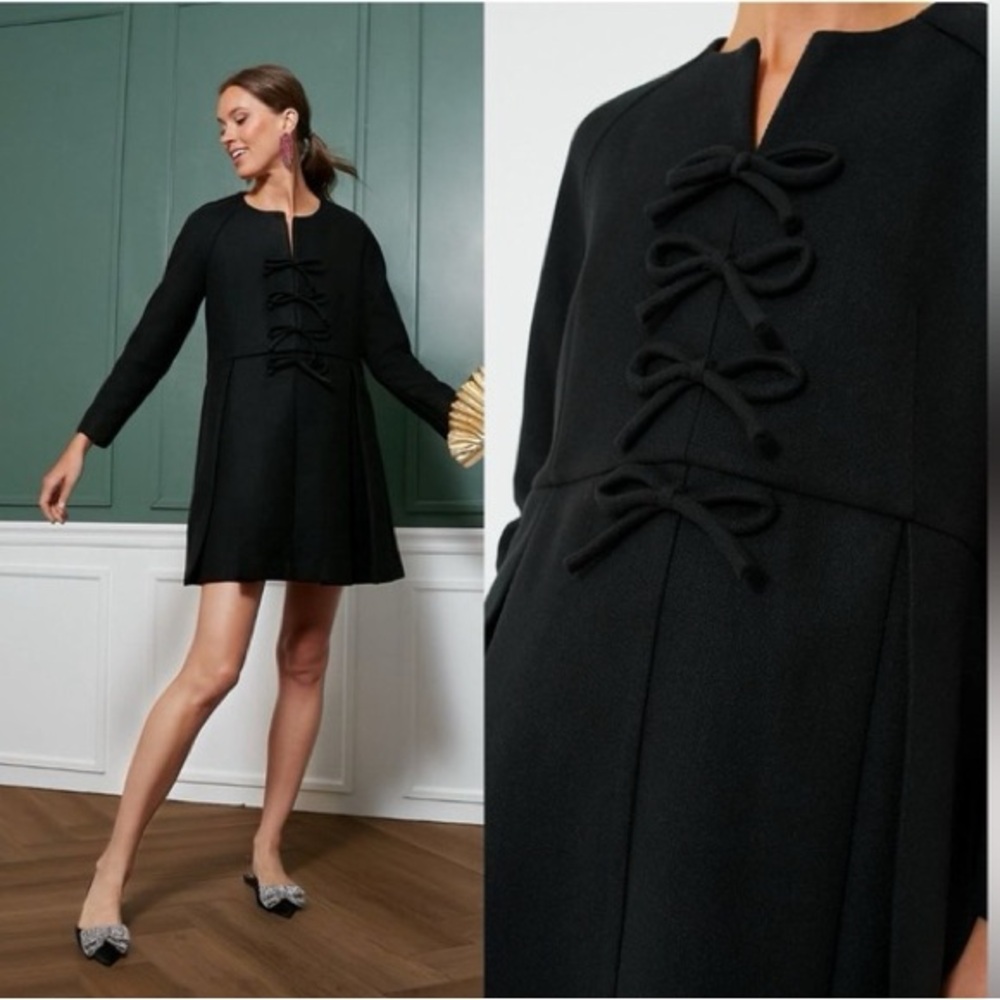 Tuckernuck Blair Bow Coat Preppy Pleated Mini Dress in Black Size M
